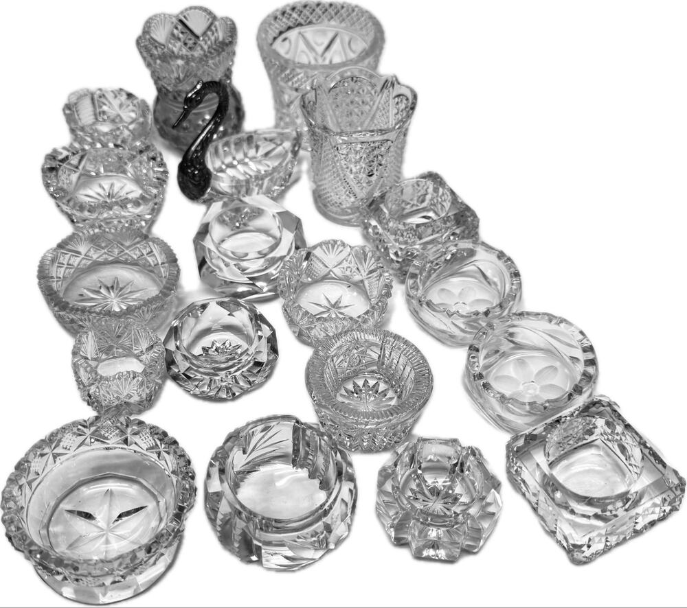 Lot of 19 Vintage Salt Cellars Open Dips Various Shapes Clear Pressed Cut Glass